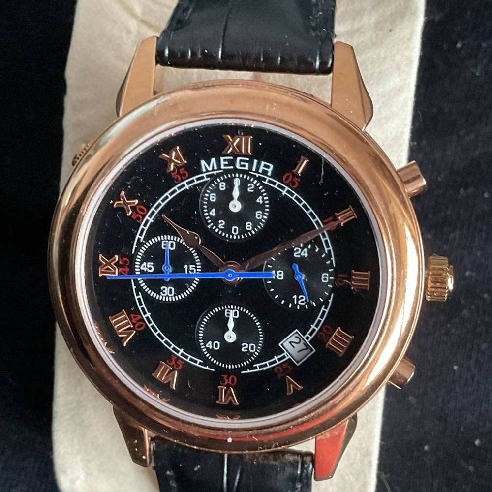Exceptional Two-Dial Megir Chronograph w Date/24 Hour Register EUC